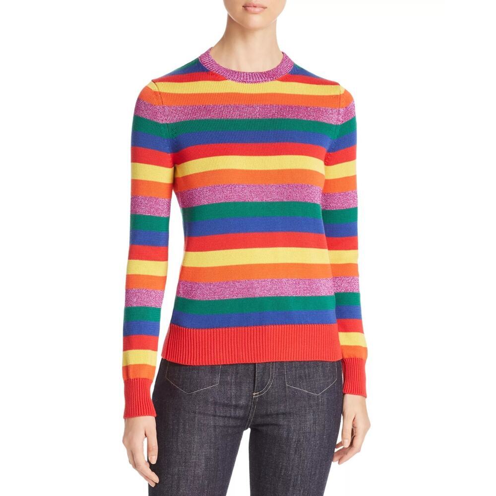 Moncler Rainbow Multicolor Striped Knit Sweater Size Large Cotton Metallic Logo